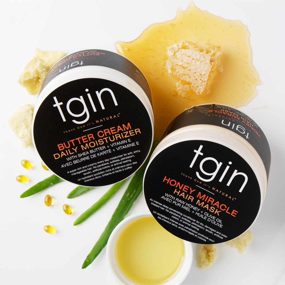 Butter Cream Daily Moisturizer and Honey Miracle Hair Mask on a bathroom shelf