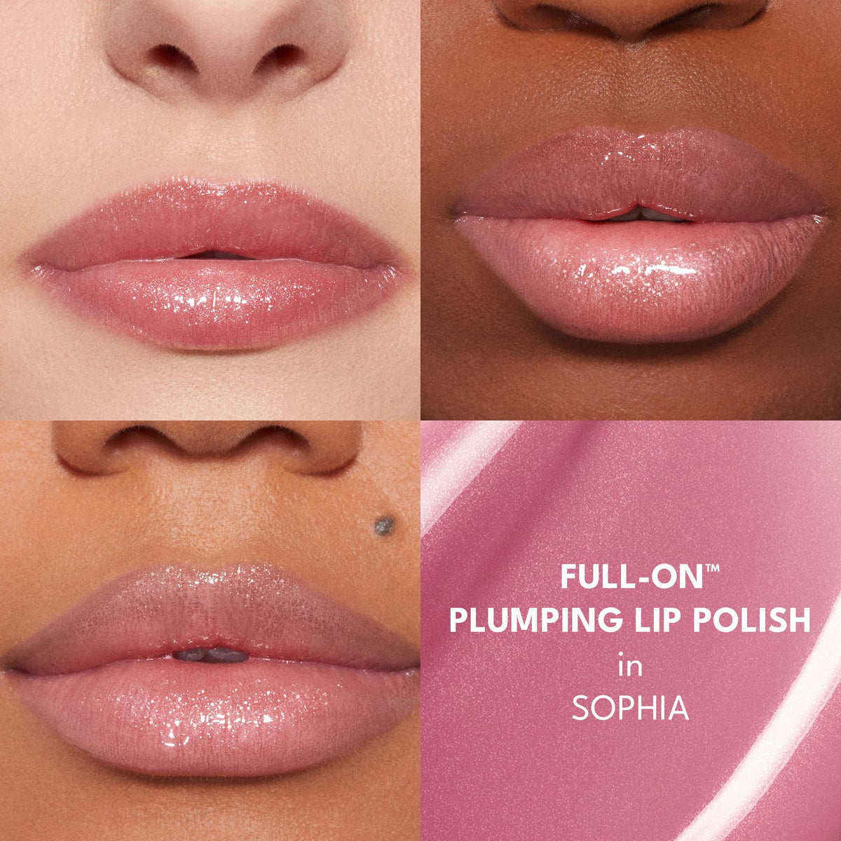 Buxom Mini Full-On Lip Polish SOPHIA applied on lips for a glossy look