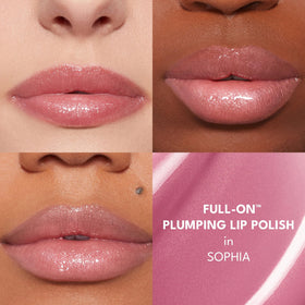 Buxom Mini Full-On Lip Polish SOPHIA applied on lips for a glossy look