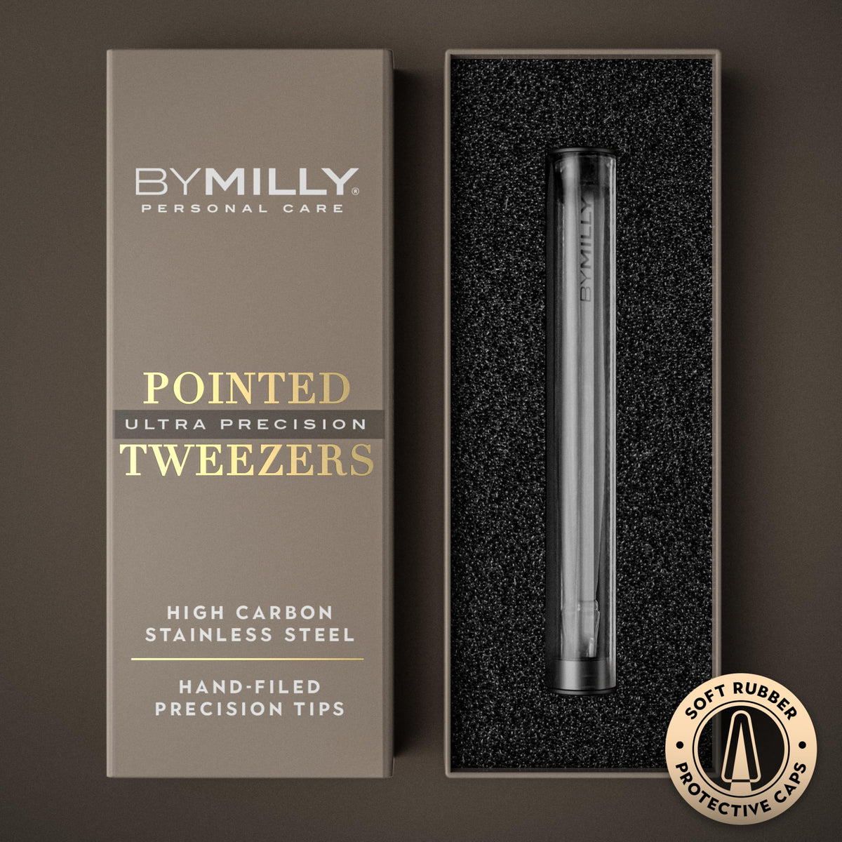 By MILLY Pointed Tweezers side view showcasing ergonomic design