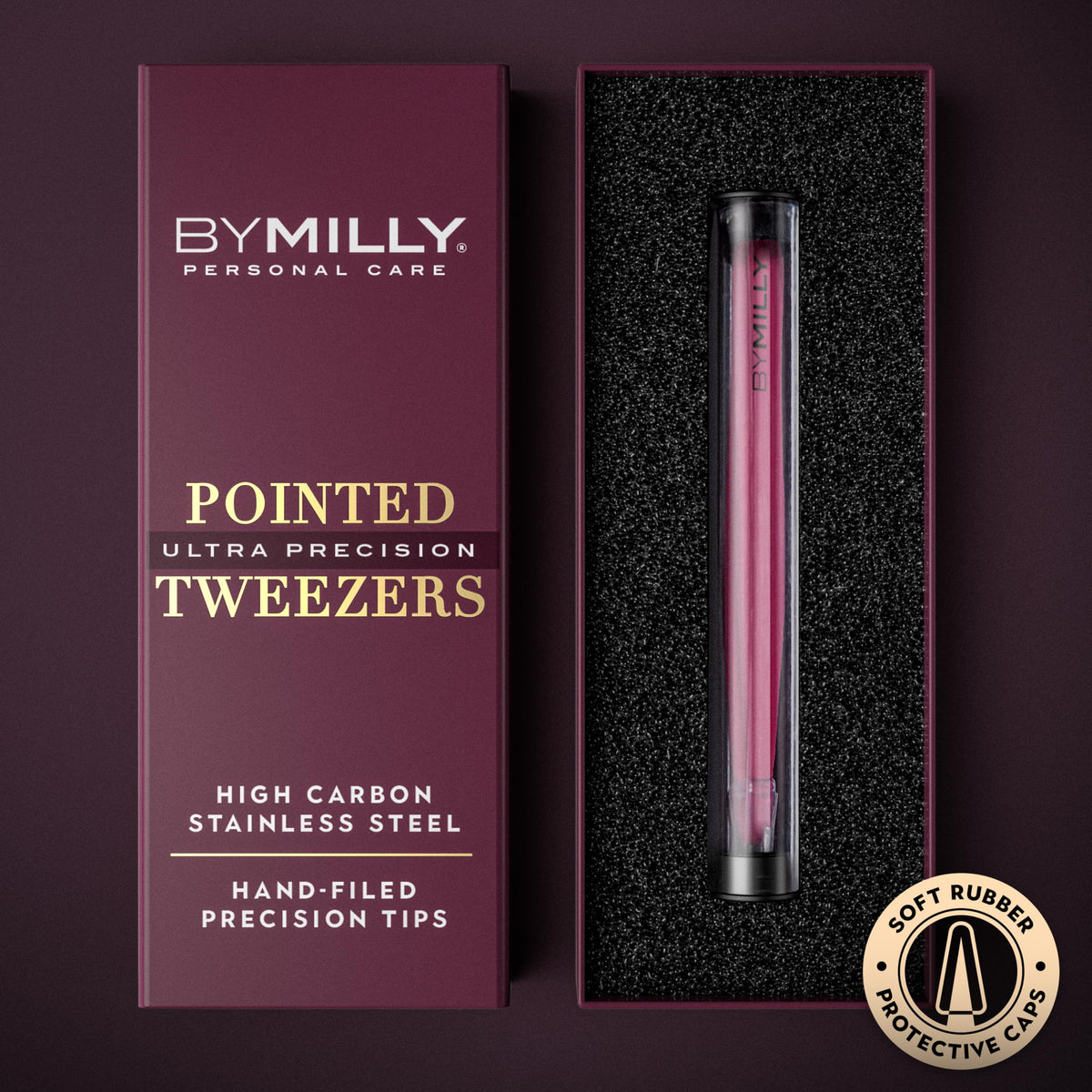 By MILLY Pointed Tweezers side view showing high carbon stainless steel