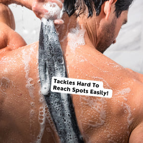 Bye Bye Loofah washcloth in use on back