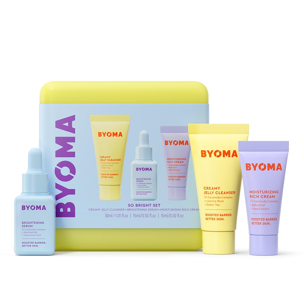 BYOMA So Bright Set front view including Jelly Cleanser, Brightening Serum, and Rich Cream