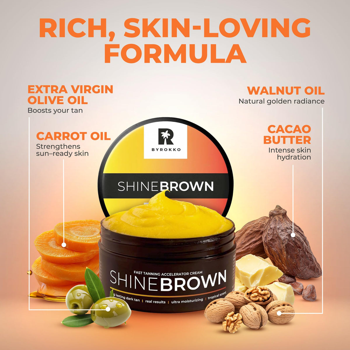 BYROKKO Shine Brown Tanning Accelerator Lotion application on skin
