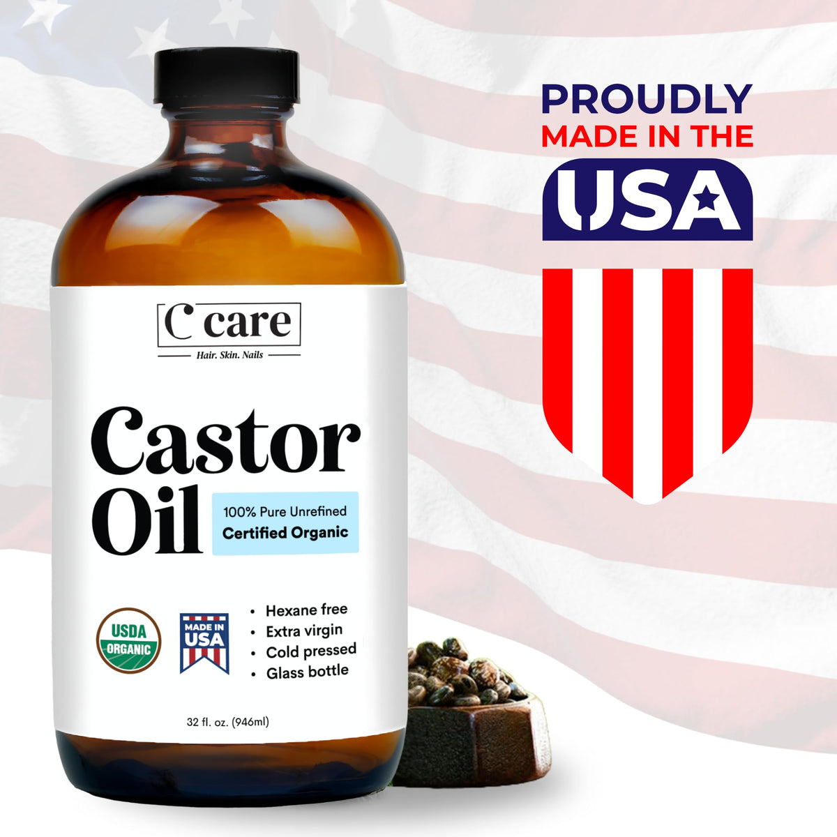 C CARE Castor Oil 100% Pure Organic Cold Pressed bottle with dropper