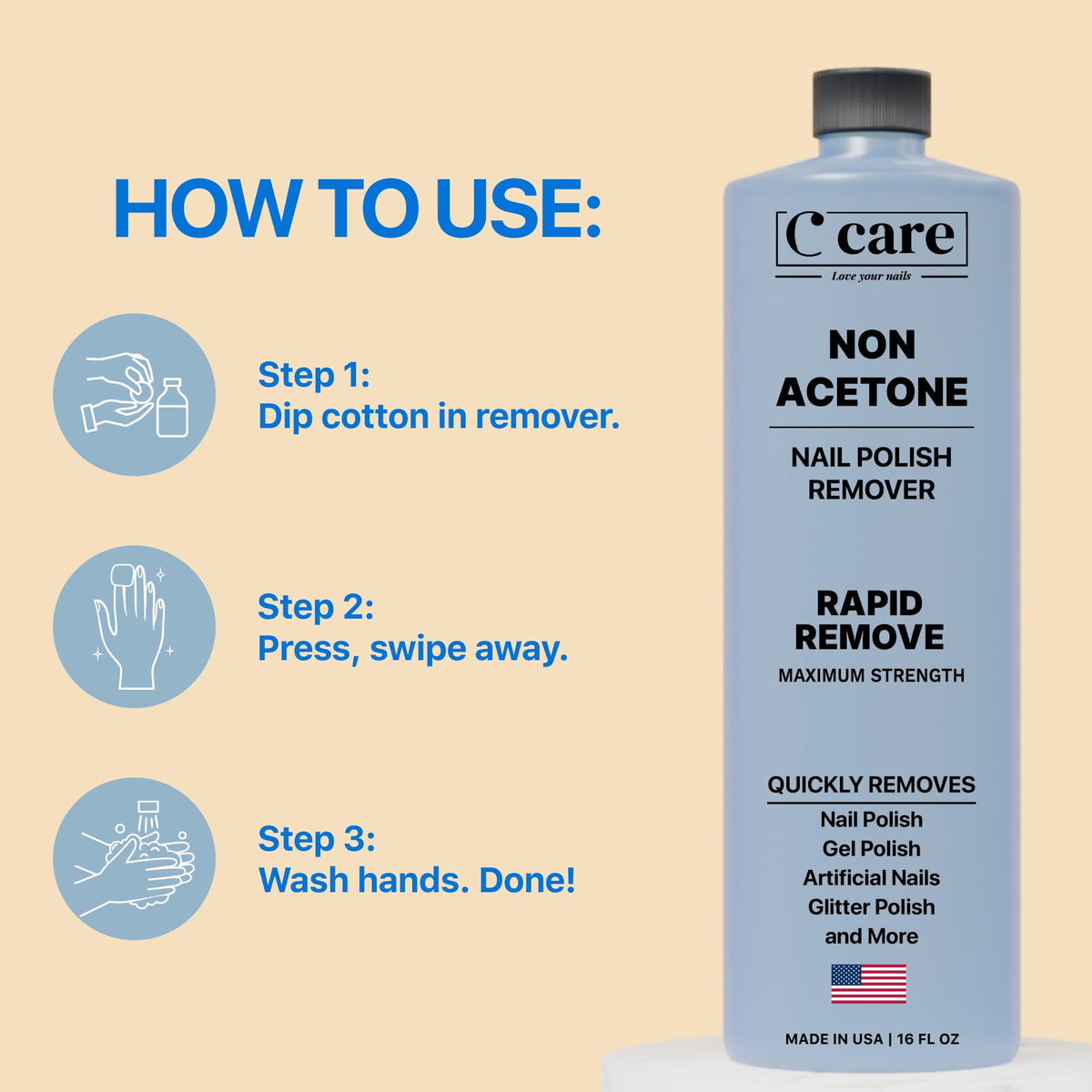 C CARE Gentle Touch Non-Acetone Nail Polish Remover 16 Fl oz with cotton pads