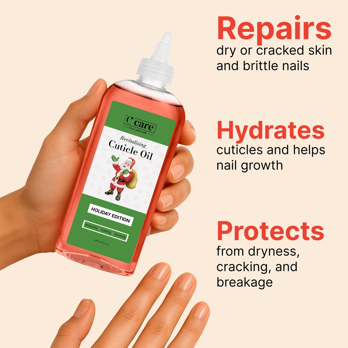 C CARE Holiday Edition Cuticle Oil application on nails