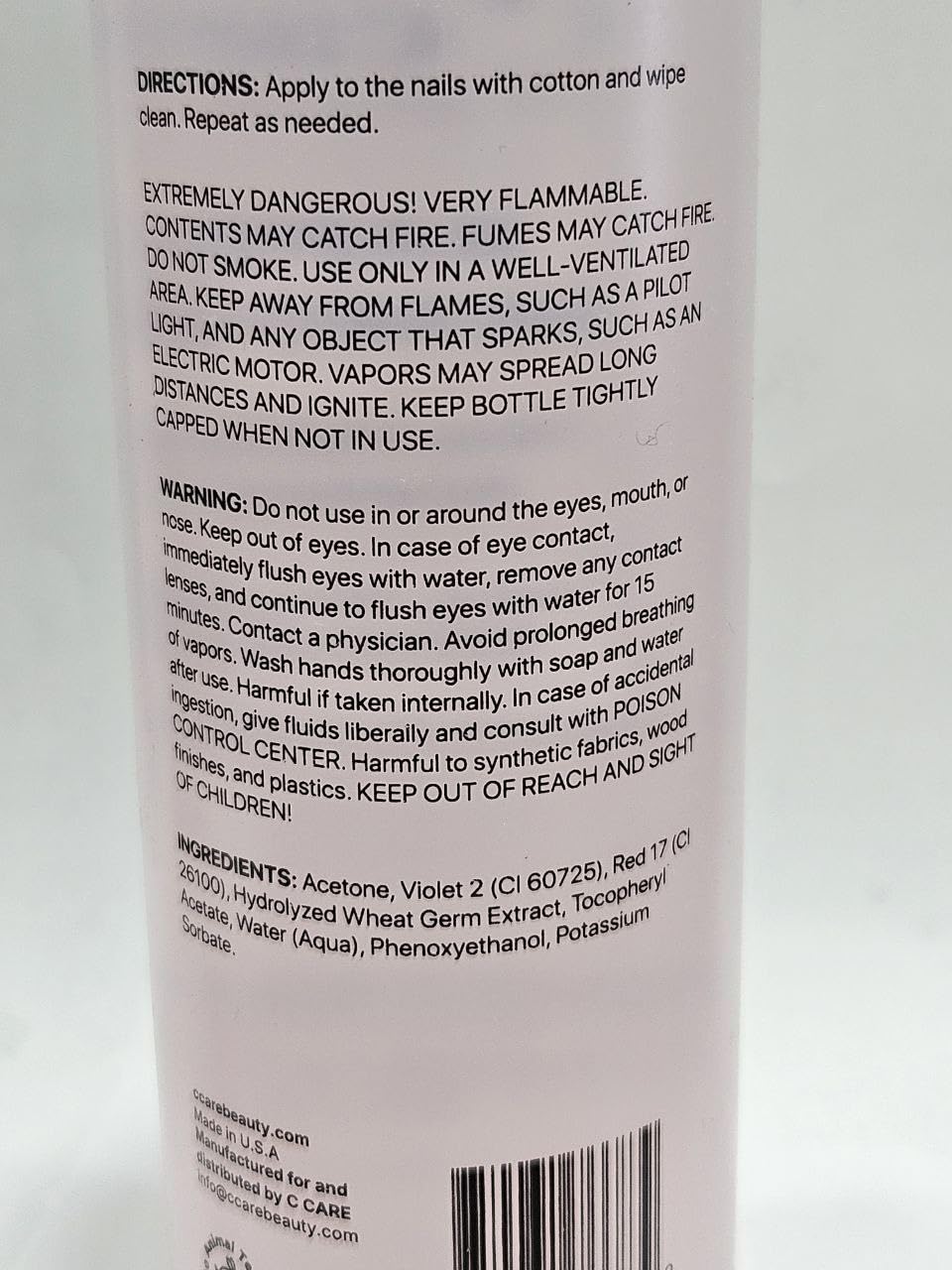 C CARE Nourishing Acetone Nail Polish Remover bottle back view