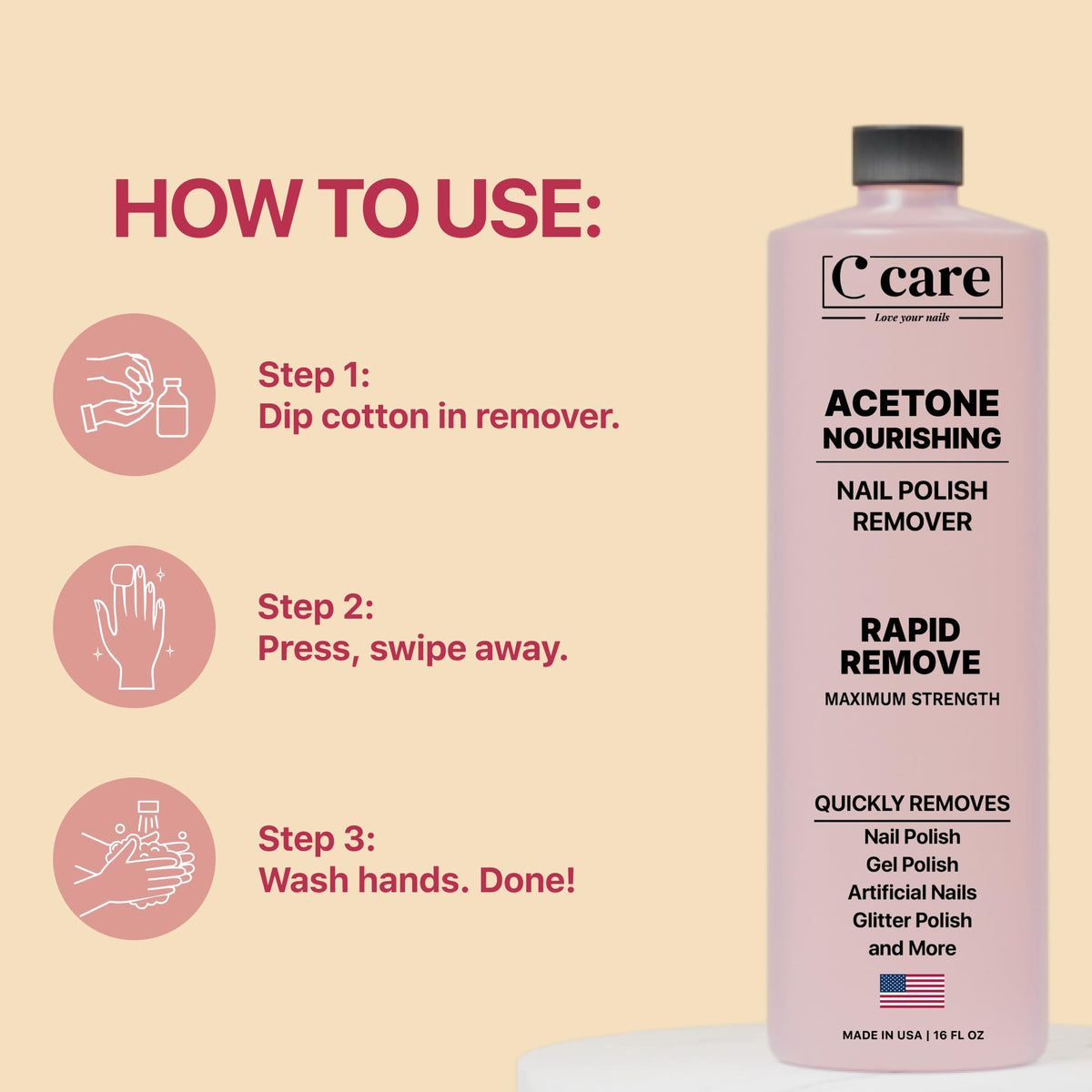 C CARE Nourishing Acetone Nail Polish Remover with glitter polish