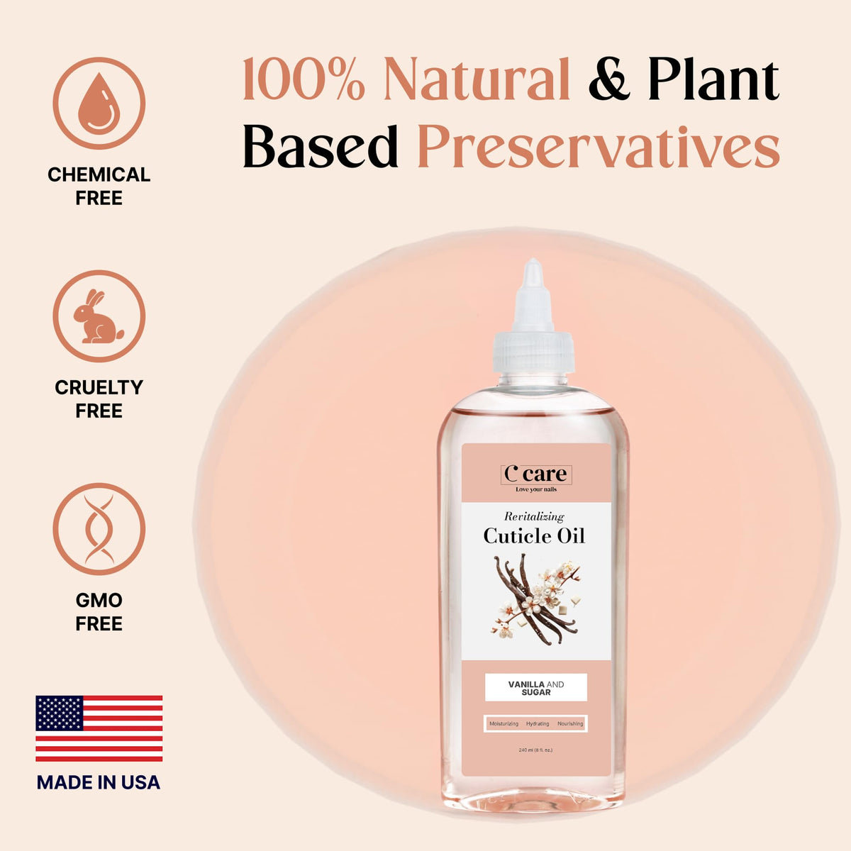 C CARE Vanilla & Sugar Cuticle Oil 8 oz bottle side view