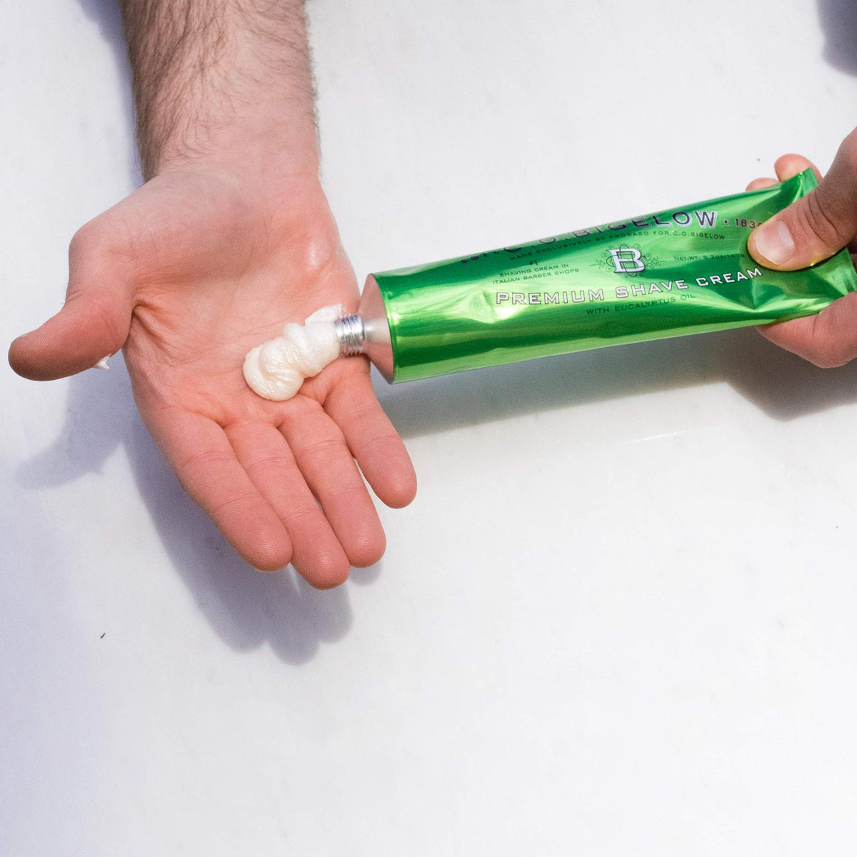 C. O. Bigelow Shaving Cream 2 Pack showing texture on hand