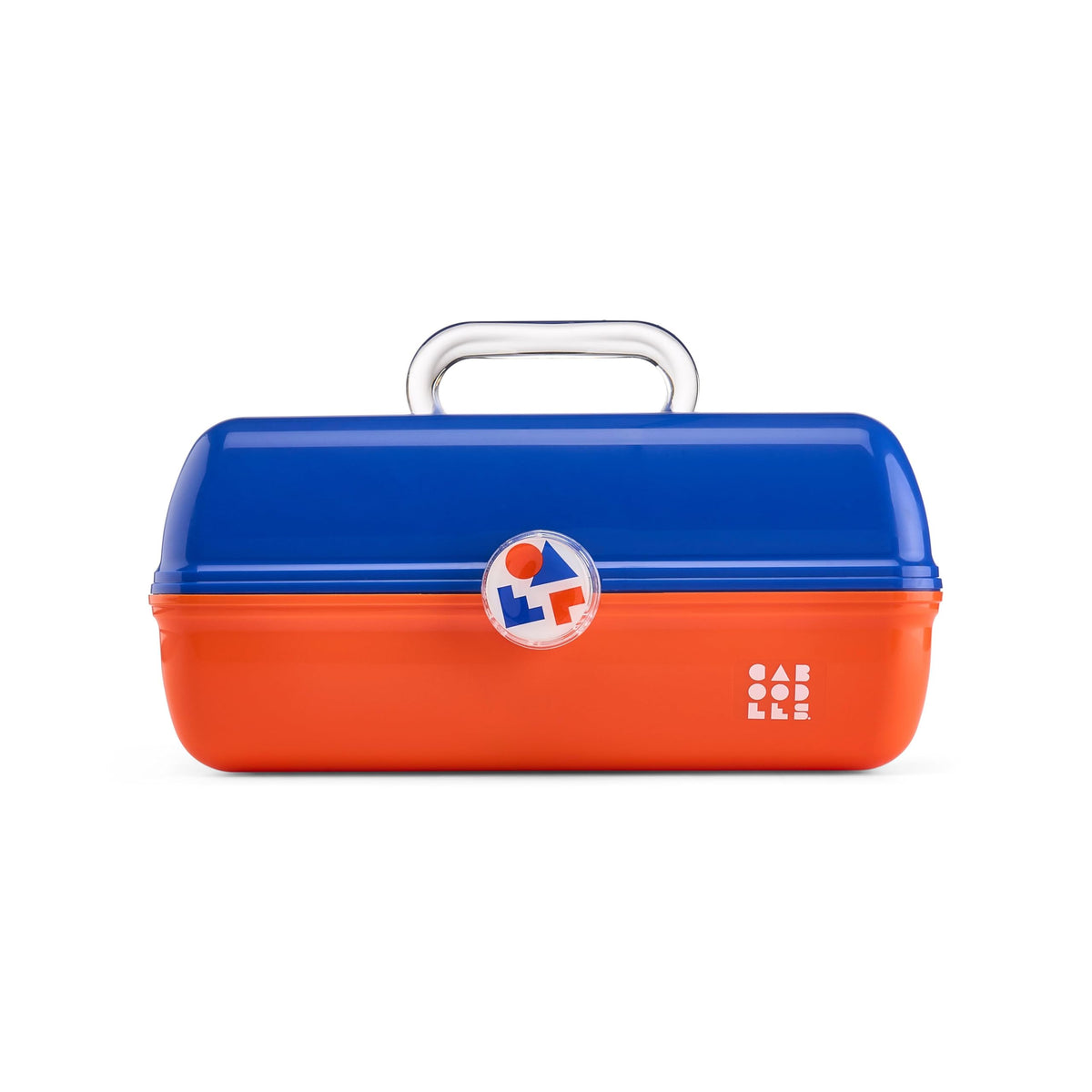 Caboodles On-The-Go Girl Makeup Box front view in blue over orange