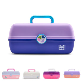 Caboodles On-The-Go Girl Makeup Box front view in lilac and cobalt