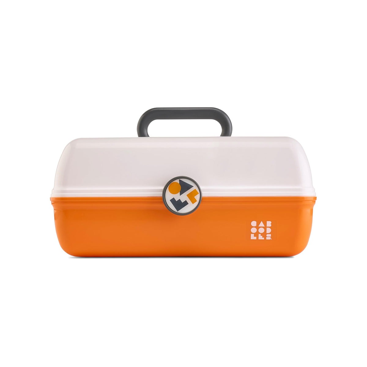 Caboodles On-The-Go Girl Makeup Box front view in white over orange