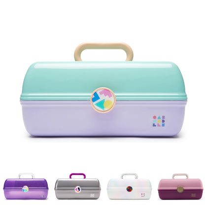 Caboodles On-The-Go Girl Makeup Box in seafoam on lavender, front view