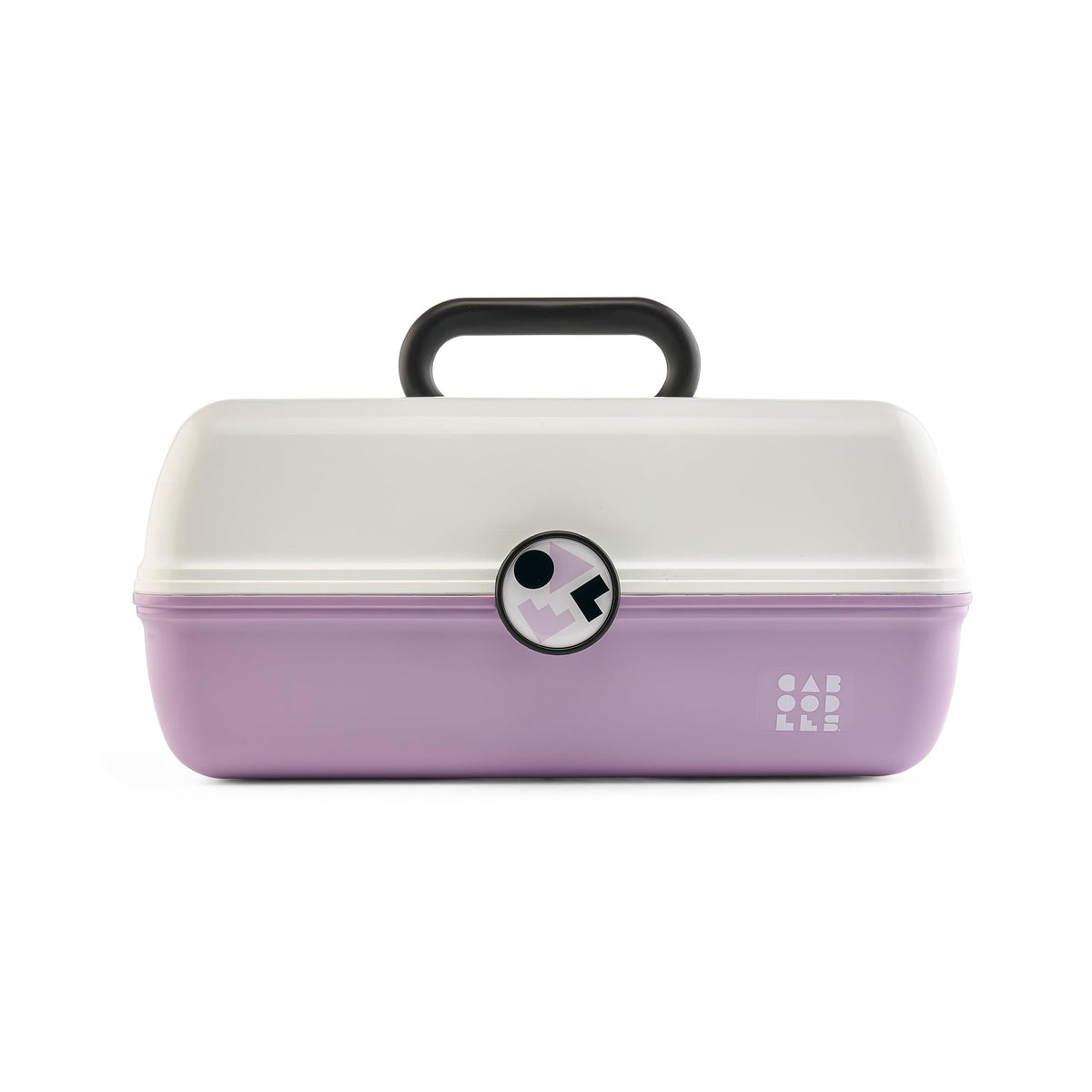 Caboodles On-The-Go Girl makeup box in white over lavender with built-in mirror