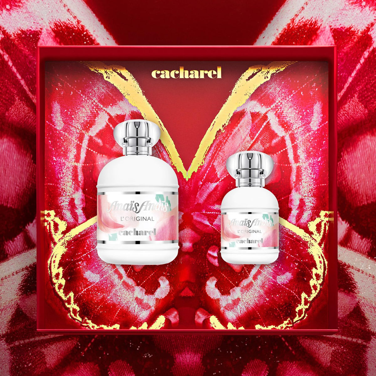 Cacharel Anaïs Anaïs Eau de Toilette 100ml bottle with floral background