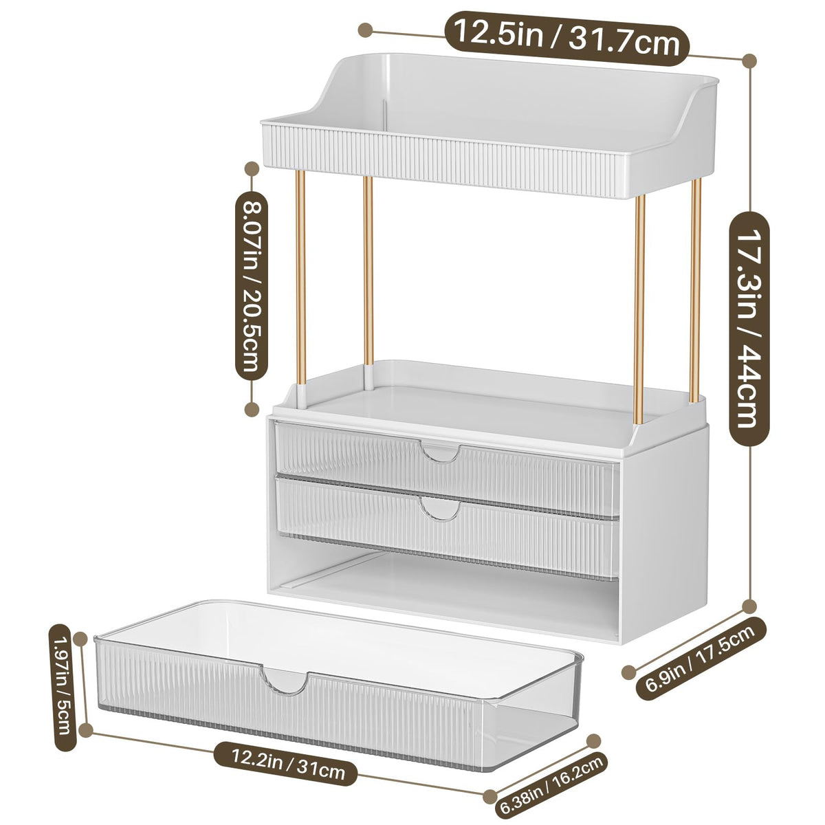 caktraie 3-Drawer Acrylic Makeup Organizer close-up of shelves