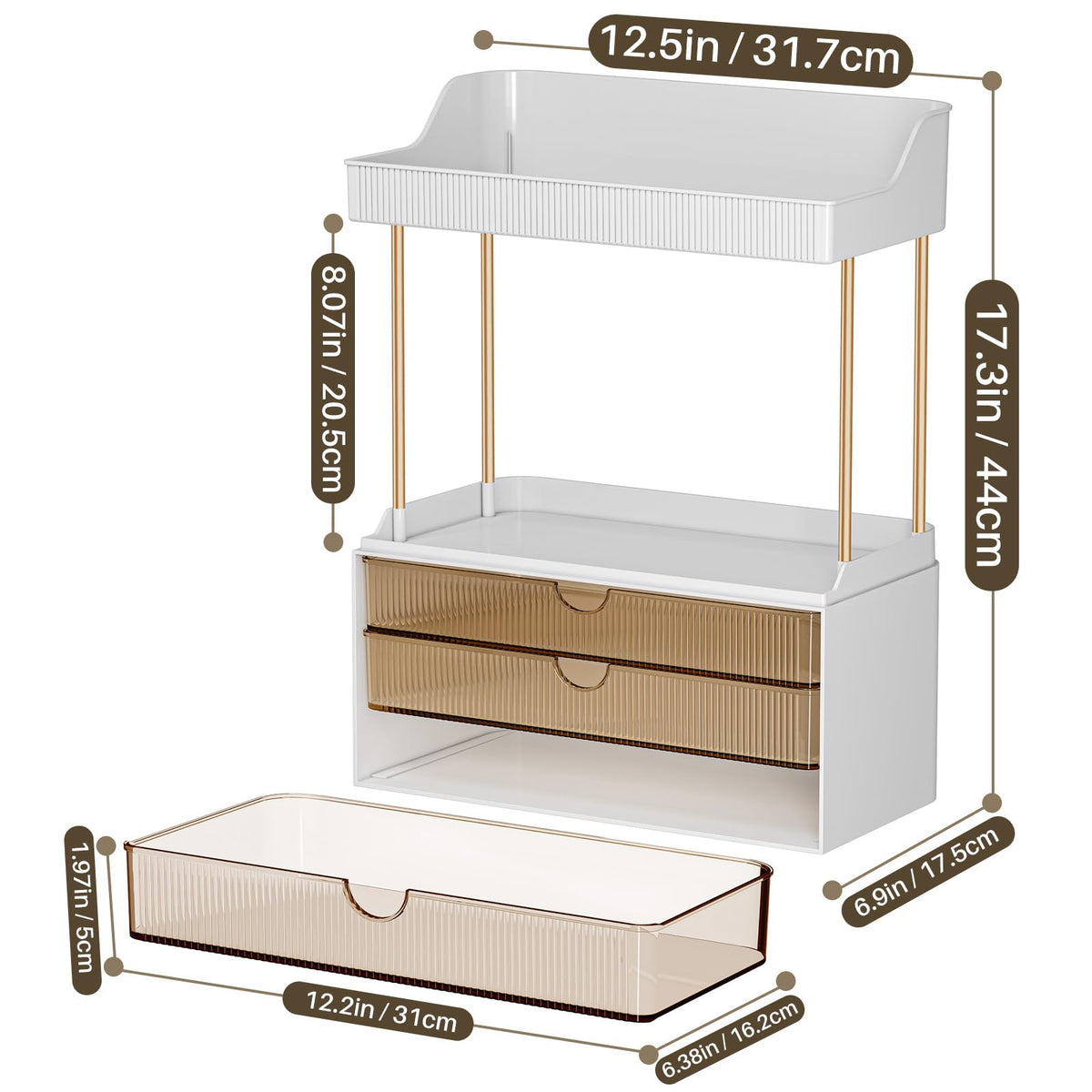 caktraie 3-Drawer Acrylic Makeup Organizer on a bathroom counter