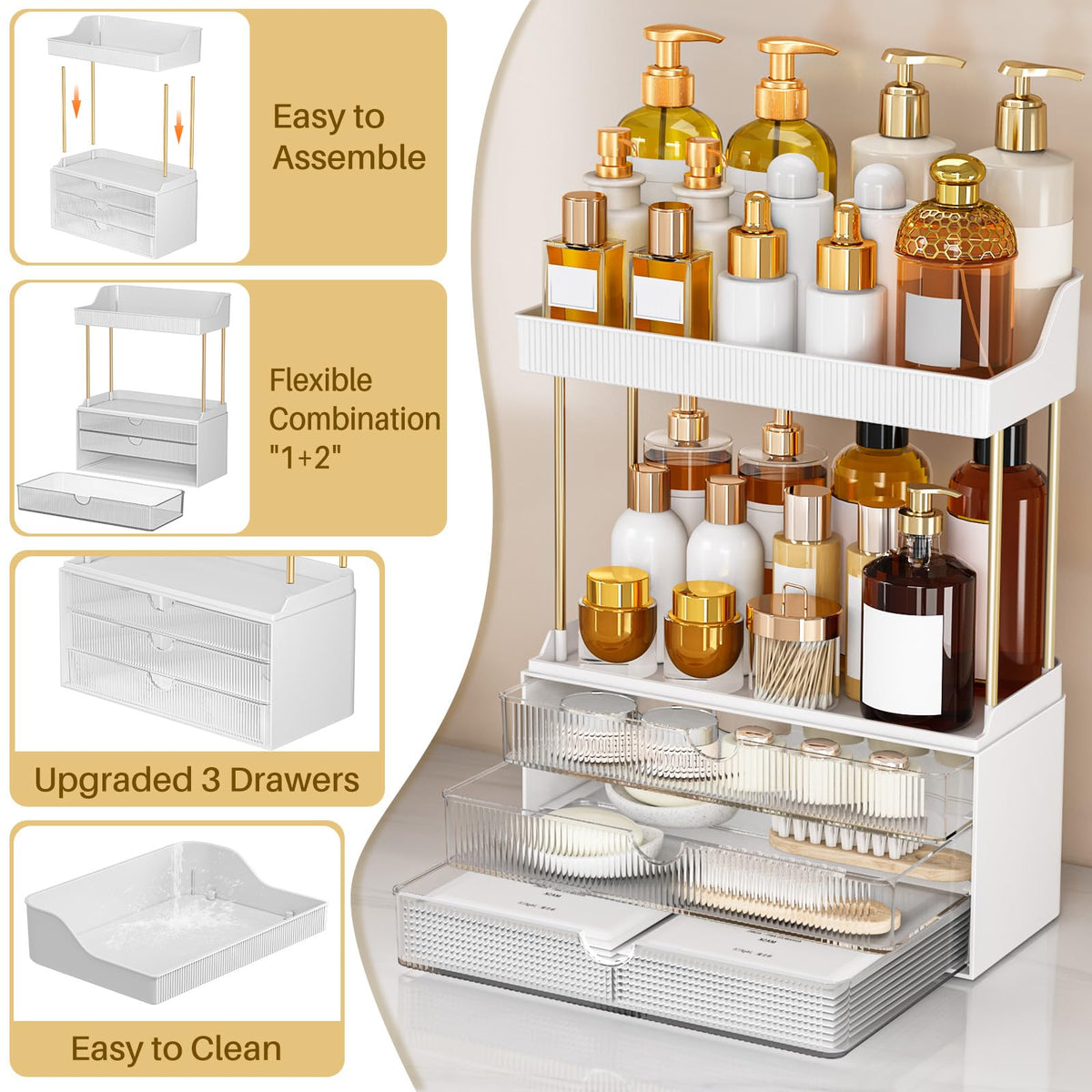caktraie 3-Drawer Acrylic Makeup Organizer side view