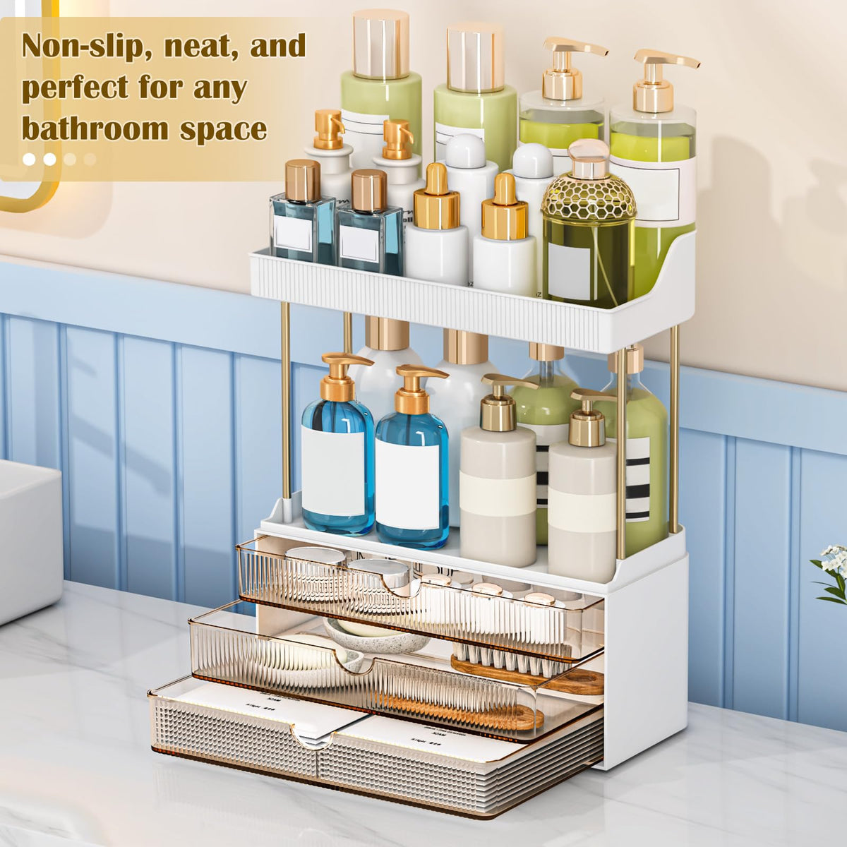 caktraie 3-Drawer Acrylic Makeup Organizer with drawers open