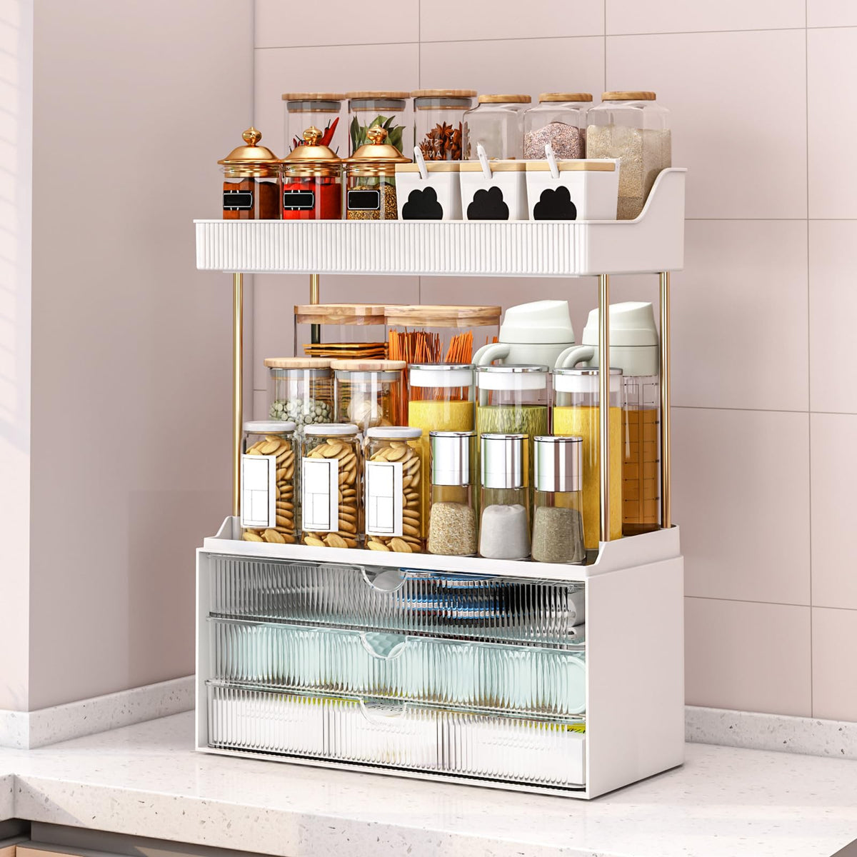 caktraie 3-Drawer Acrylic Makeup Organizer with kitchen items