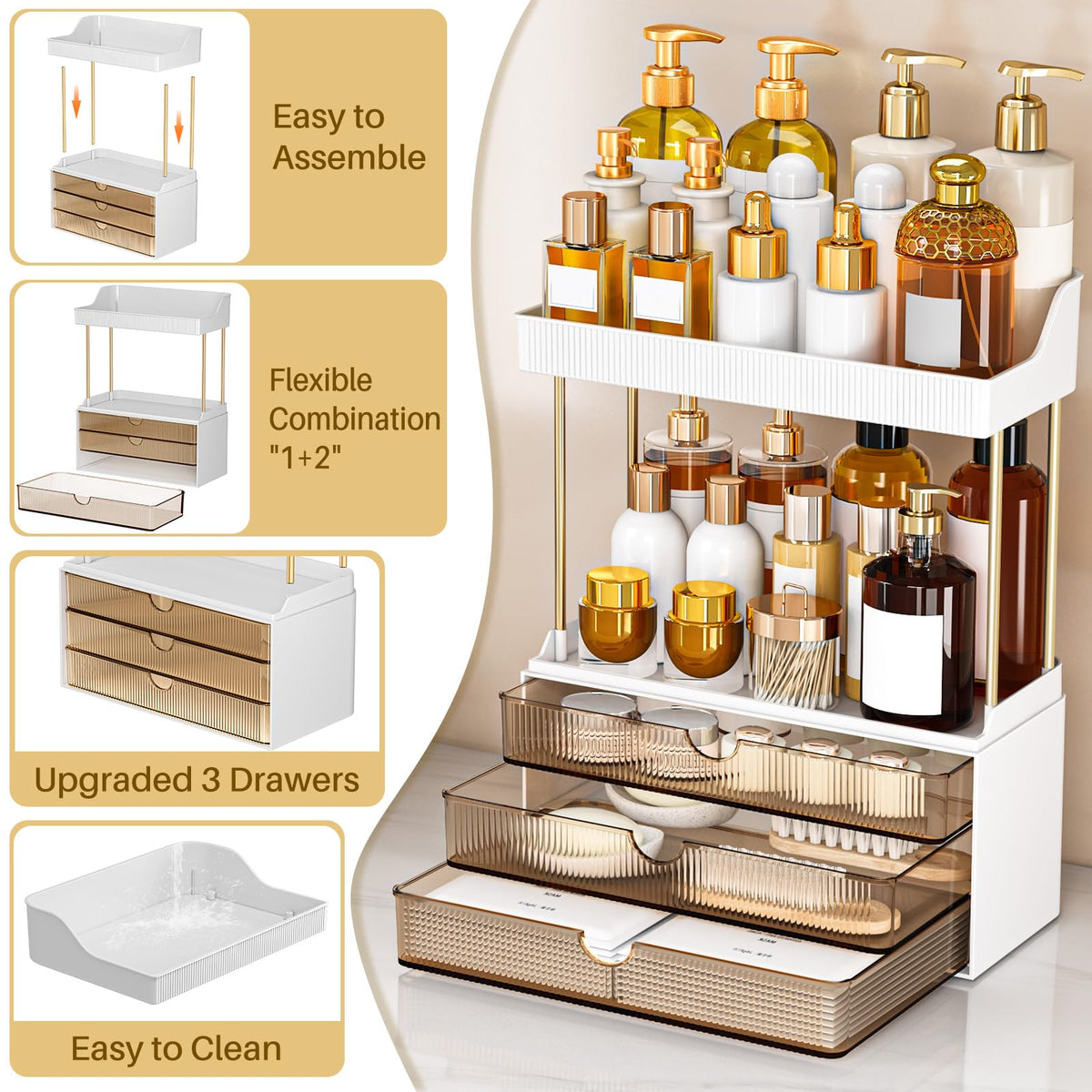 caktraie 3-Drawer Acrylic Makeup Organizer with skincare products
