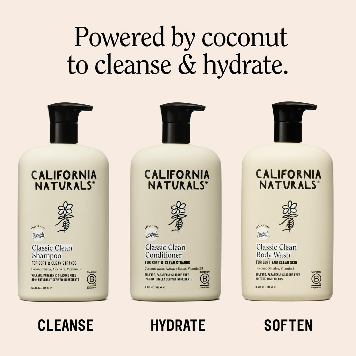 California Naturals Classic Clean Toasted Coconut Shampoo and Conditioner set with a towel