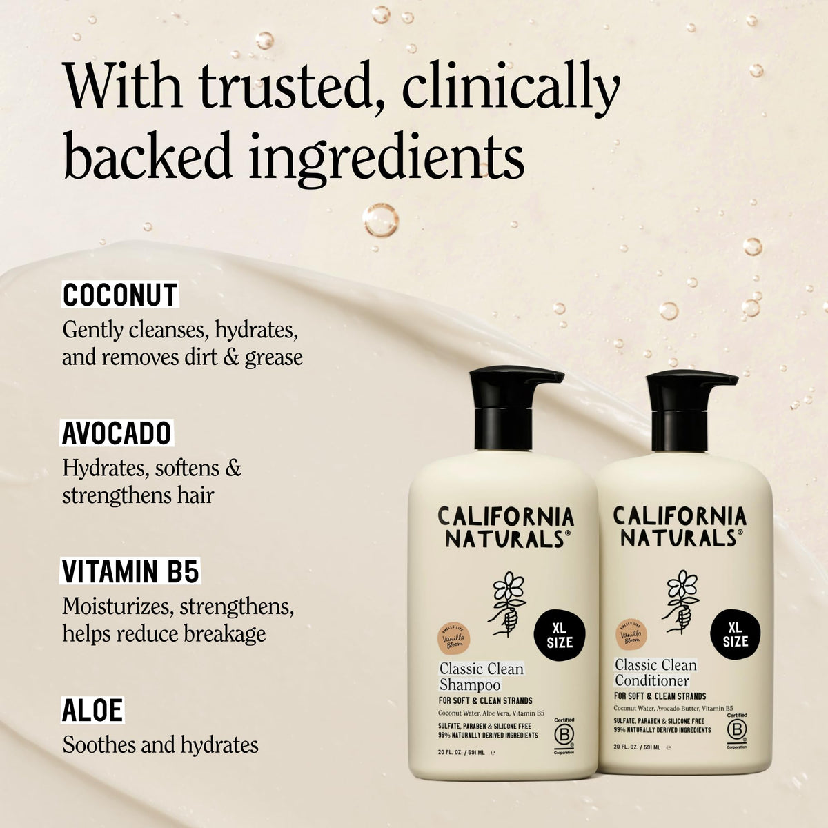 California Naturals Classic Clean Vanilla Bloom Shampoo and Conditioner set on a bathroom shelf