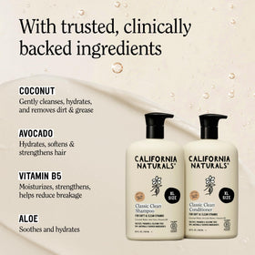 California Naturals Classic Clean Vanilla Bloom Shampoo and Conditioner set on a bathroom shelf