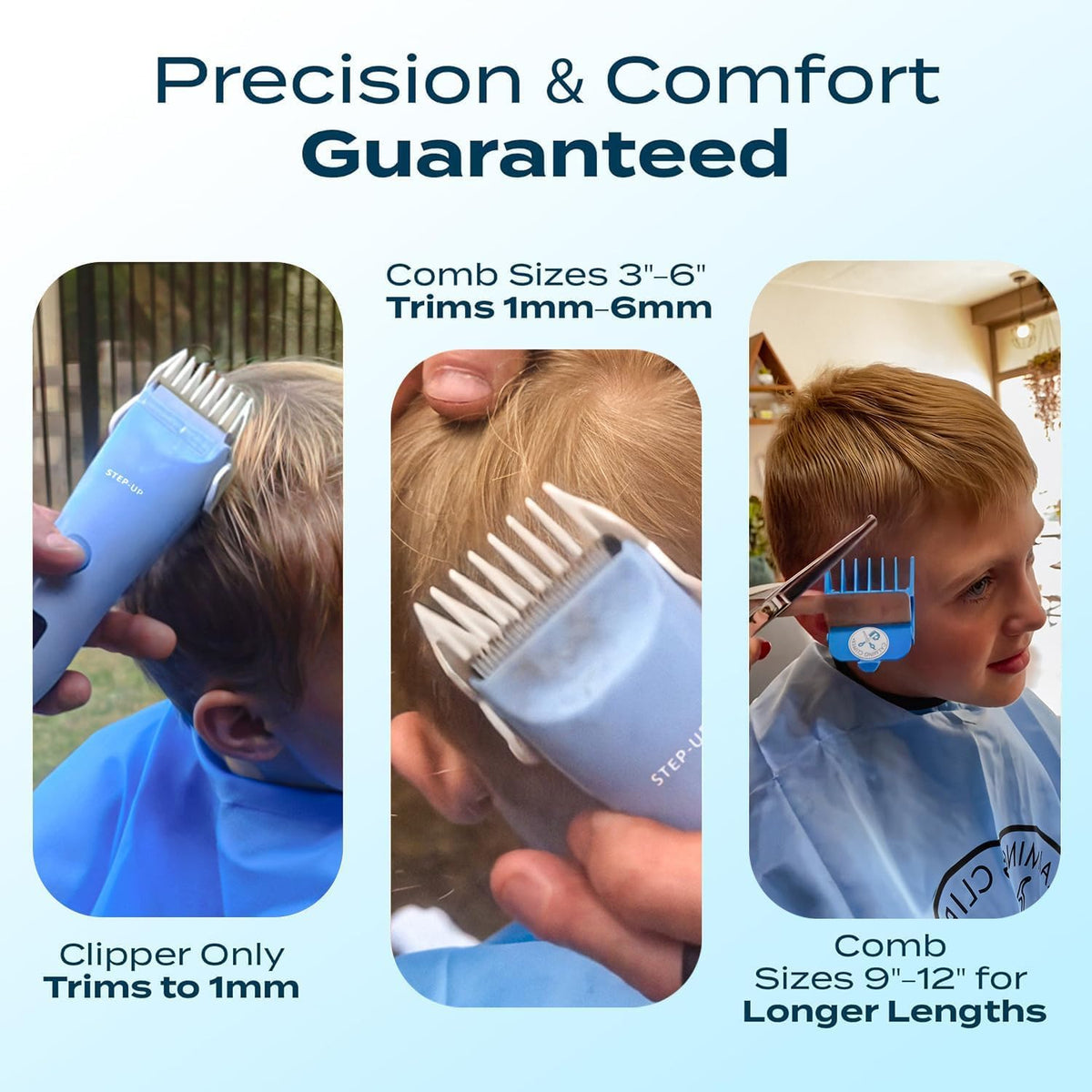 CALMING CLIPPER Step-UP Clipper with comb attachments arranged on a surface