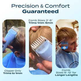 CALMING CLIPPER Step-UP Clipper with comb attachments arranged on a surface
