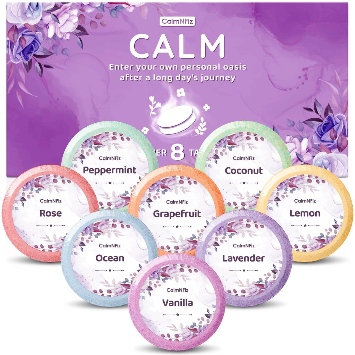 CalmNFiz 8 Pack Shower Steamers assorted scents front view