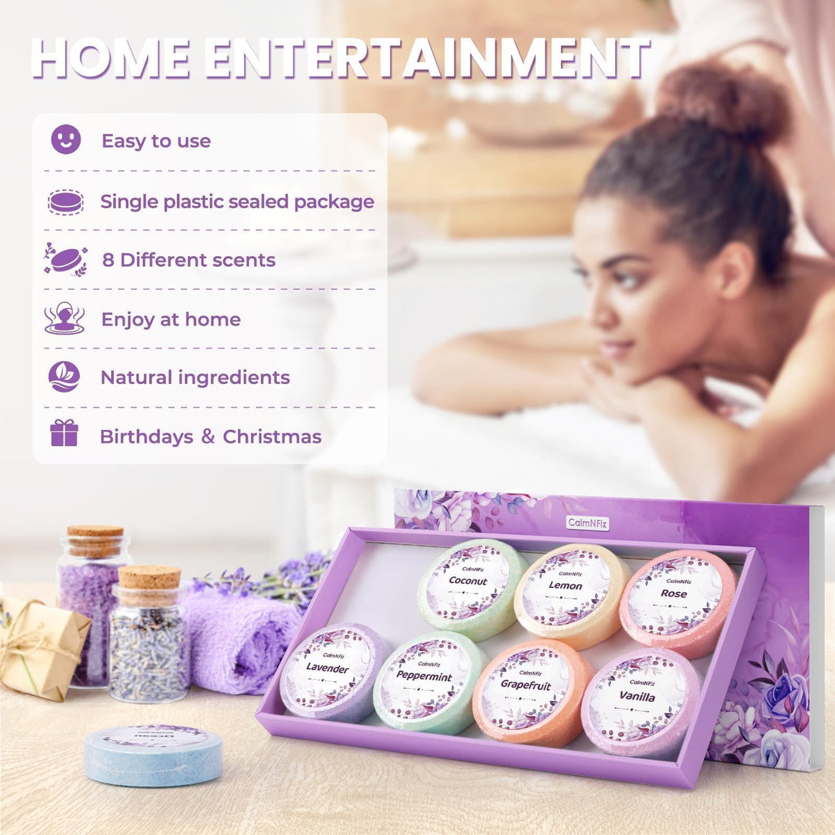 CalmNFiz Shower Steamers Lavender scent tablet close-up