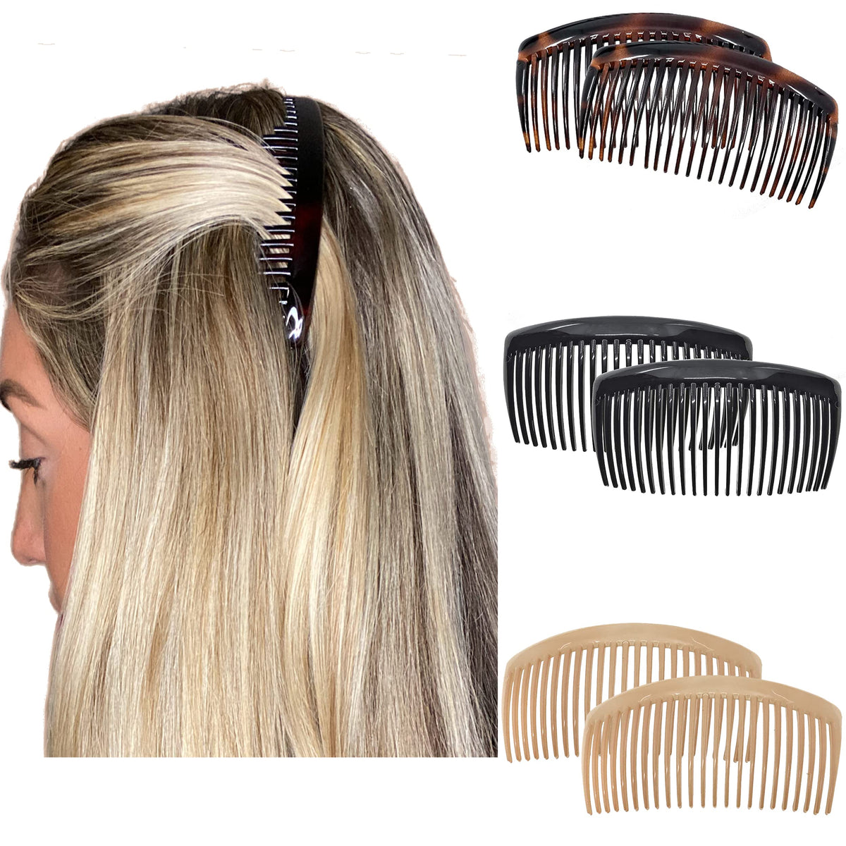 Camila French Side Combs Set in brown, black, and beige