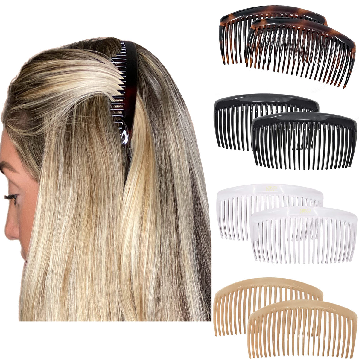 Camila Hair Side Comb 4-inch large clips in brown, black, beige, and clear