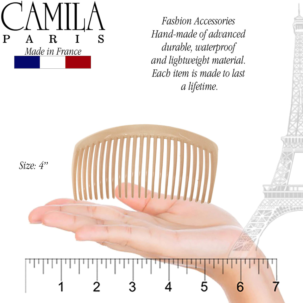 Camila Large French Twist Hair Side Comb beige in storage bag