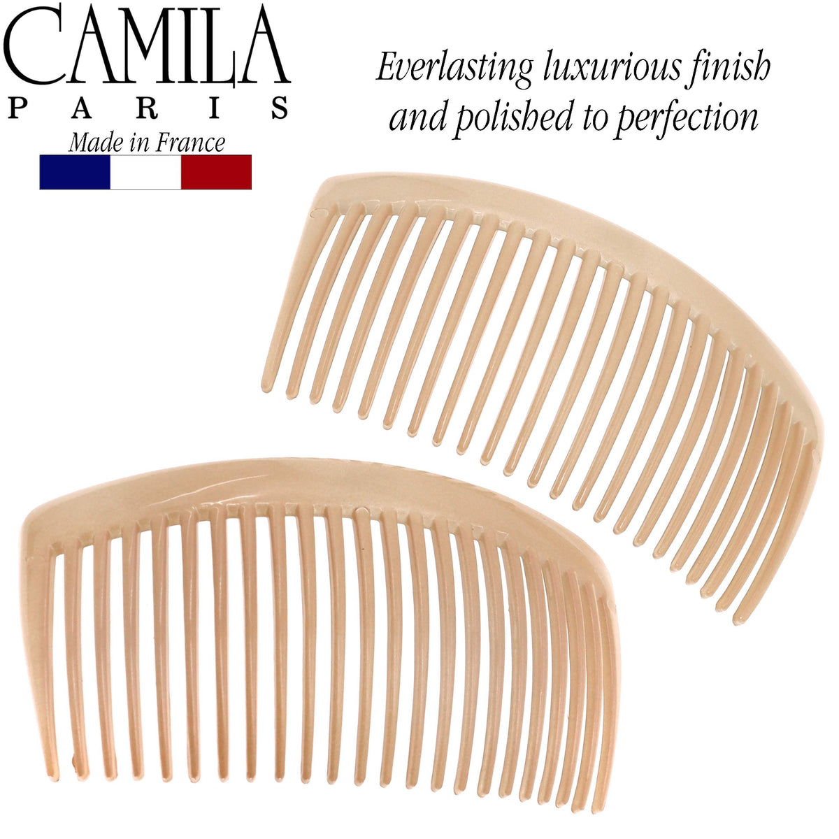 Camila Large French Twist Hair Side Comb beige in use with hairstyle