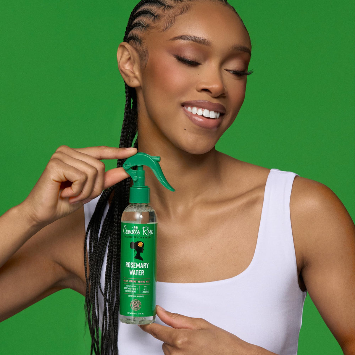 Camille Rose Rosemary Water Hair Mist lifestyle application on hair