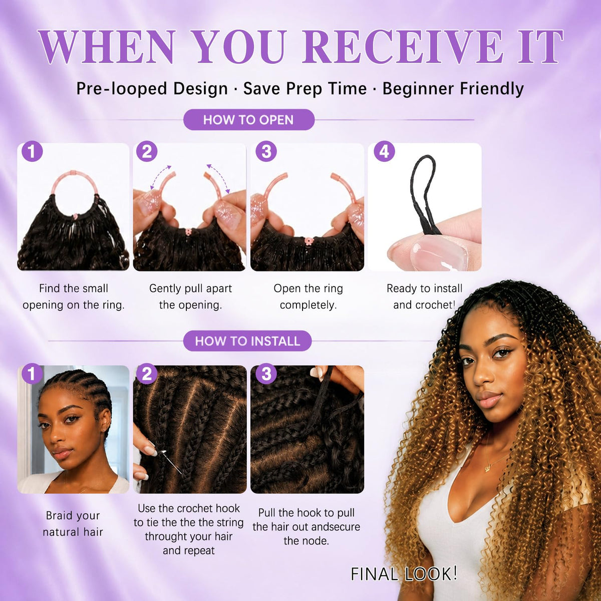 CanaryFly Burmese Curly Crochet Hair packaged with crochet needle