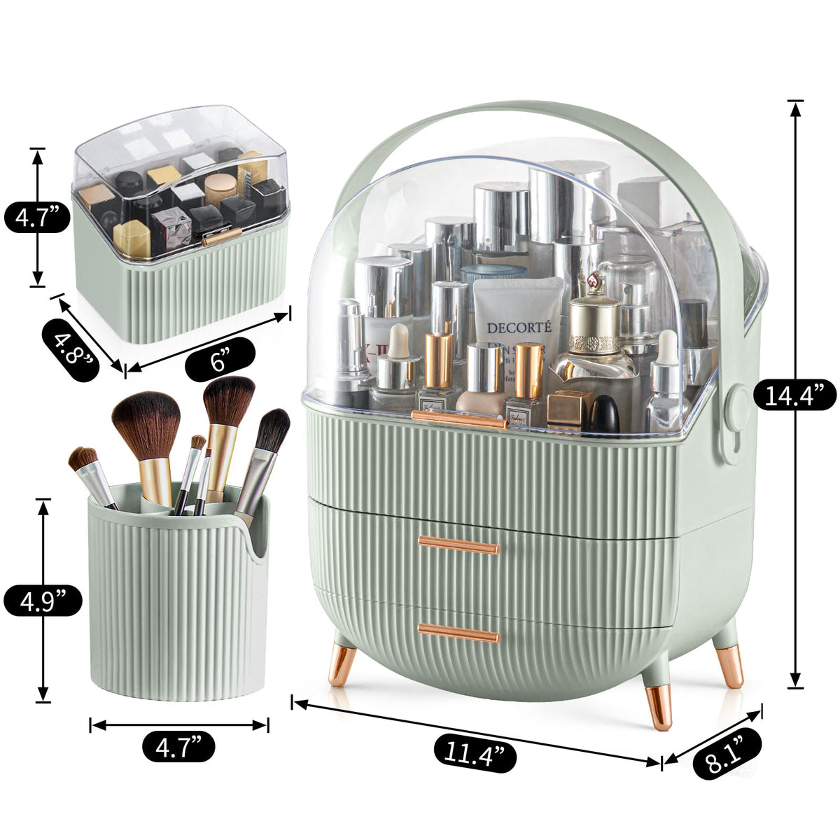 CANITORON Makeup Organizer sage green side view showing lipstick storage
