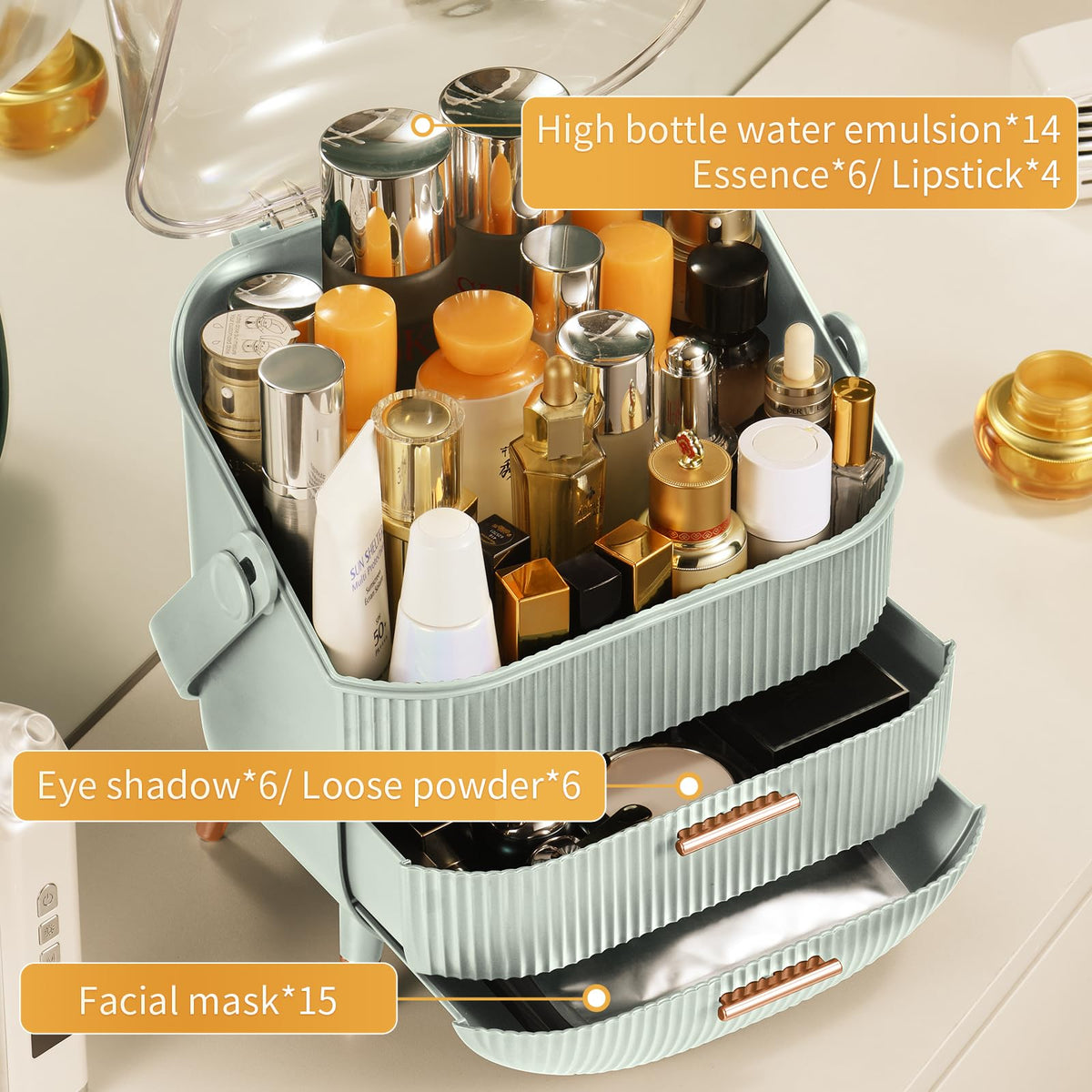CANITORON Makeup Organizer sage green top view with brush holder