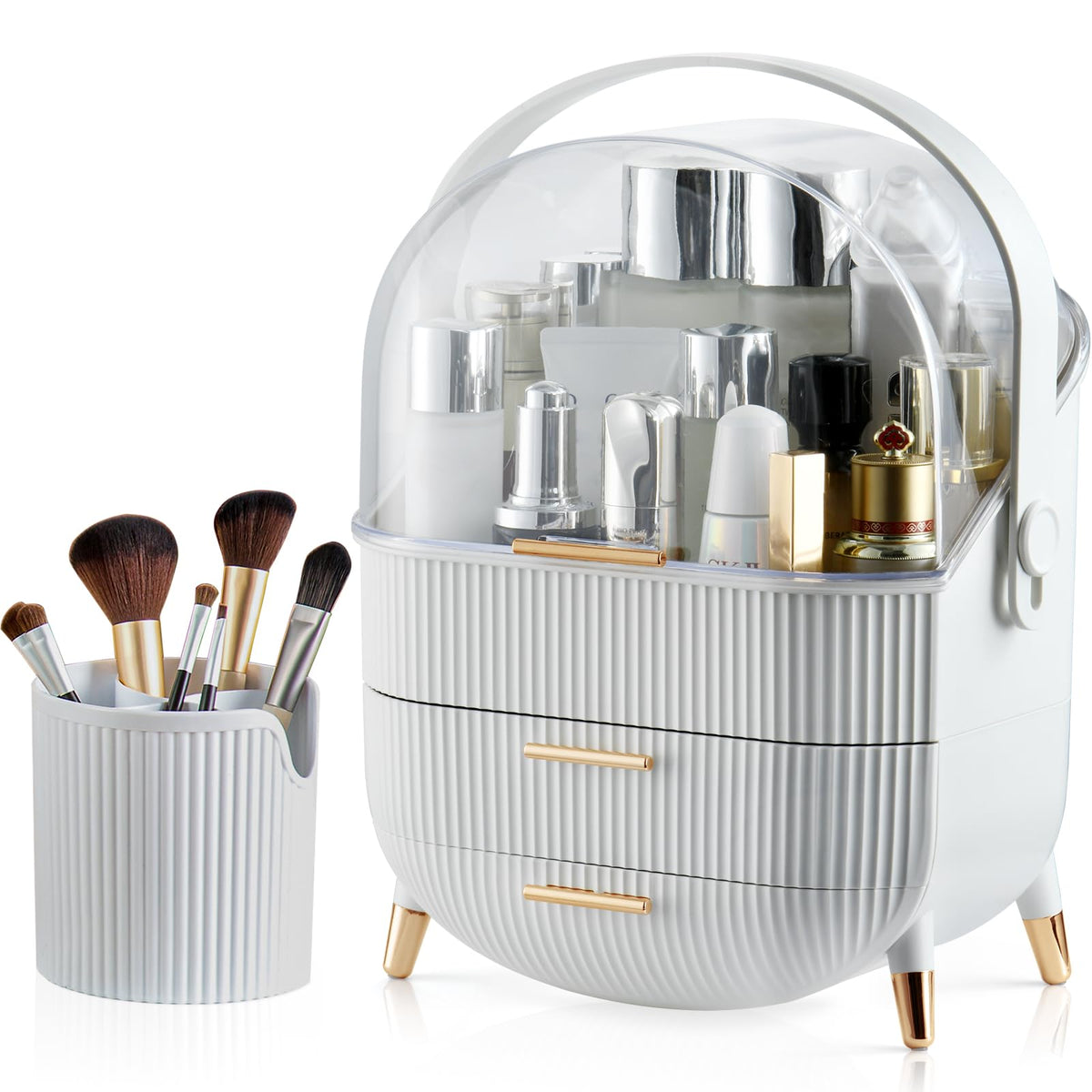 CANITORON Makeup Organizer white model front view with transparent lid