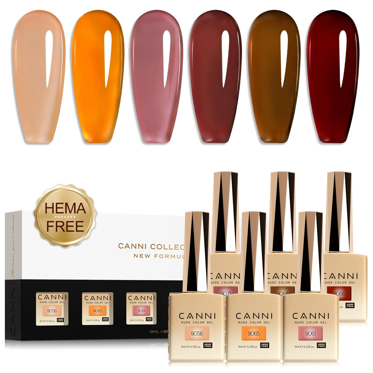 CANNI 9ML Brown Jelly Gel Polish Set showing all six translucent shades