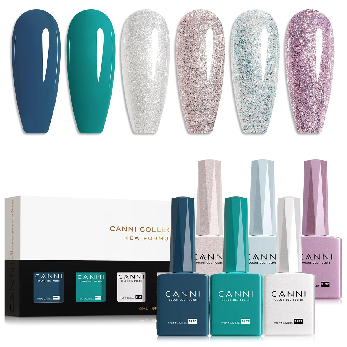 CANNI 9ML Shimmer Gel Nail Polish Set with six glitter shades