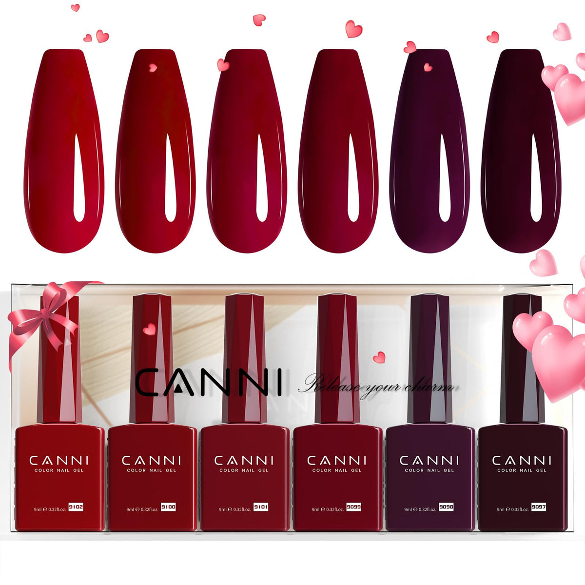 CANNI Dark Red Gel Nail Polish Set, 6 bottles front view