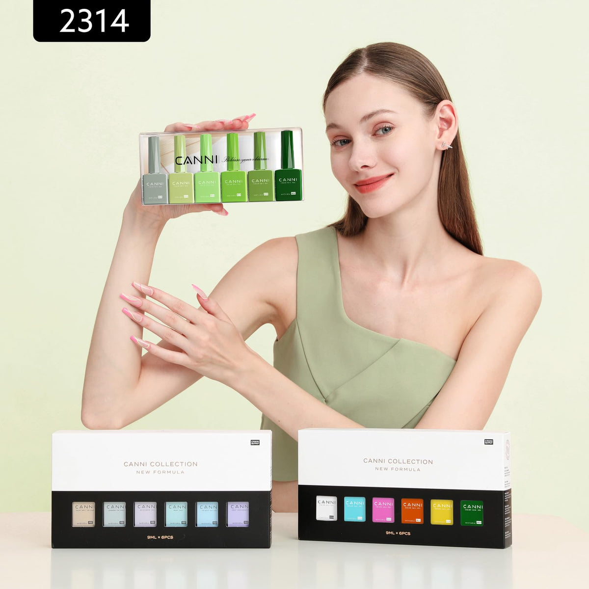 CANNI Emerald Green Gel Nail Polish Set displayed on a vanity