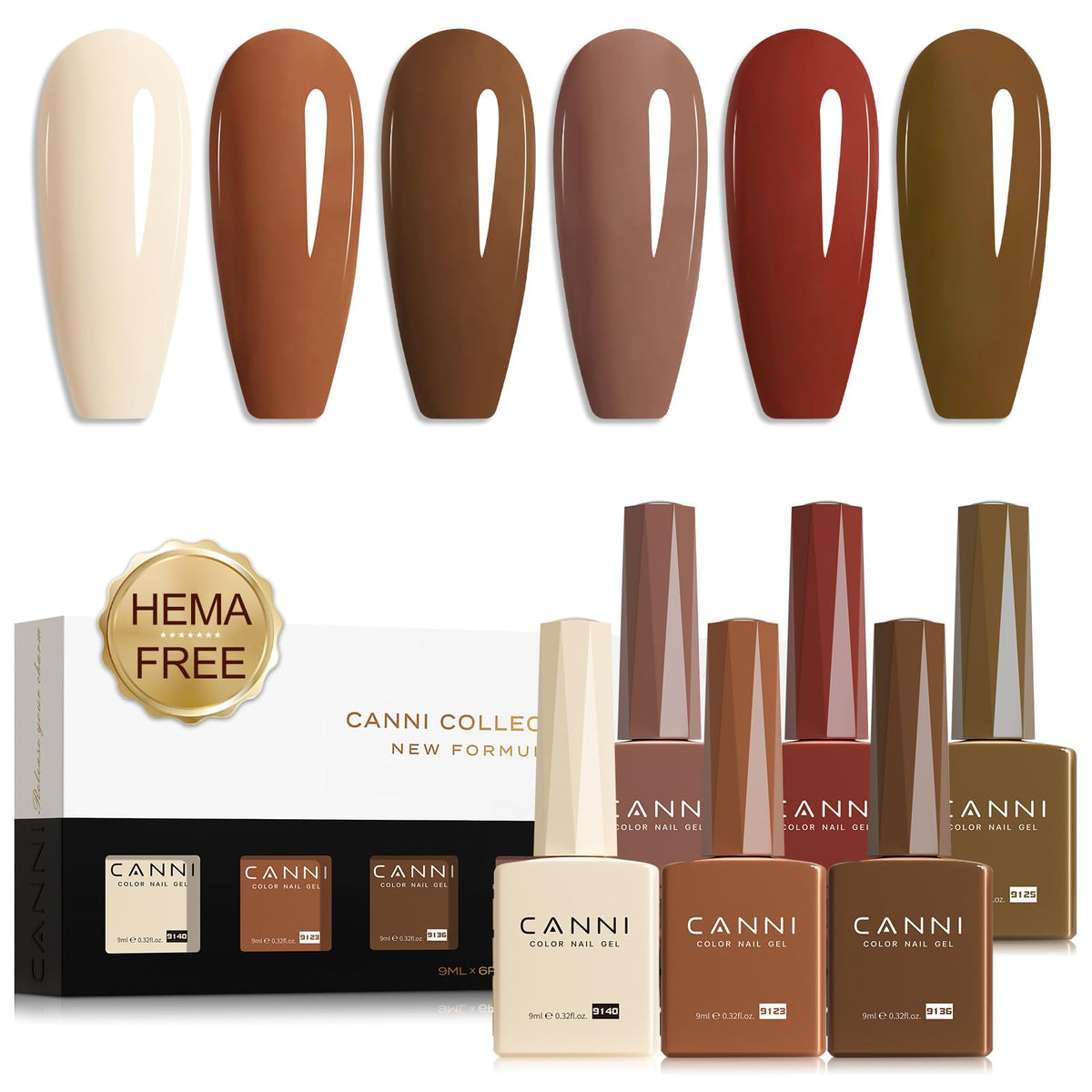 CANNI Gel Nail Polish Set 6 brown nude shades front view