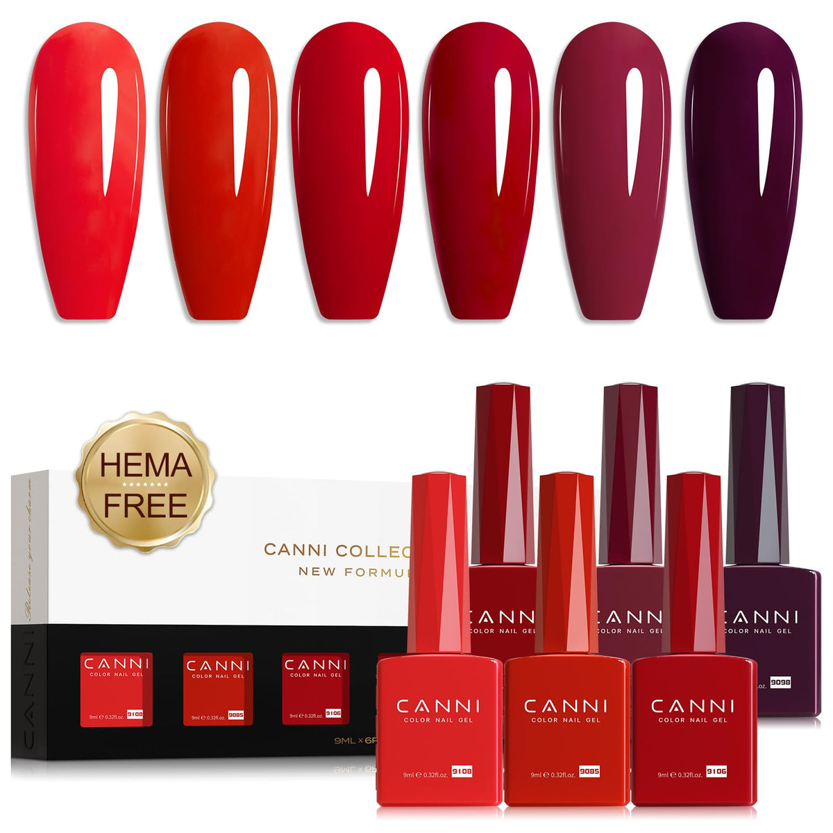 CANNI Gel Nail Polish Set featuring 6 red shades in color bottles