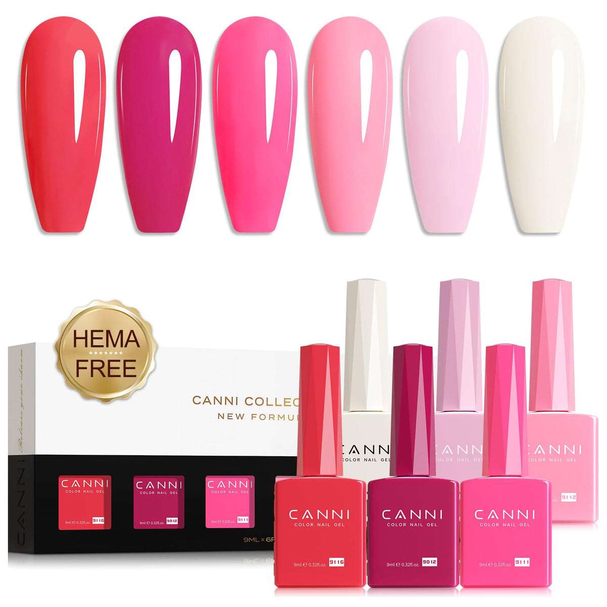 CANNI Gel Nail Polish Set with 6 pink shades front view